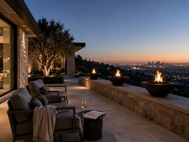 Cazo Fire Bowl - Black, Beverly Hills terrace ledge dusk
