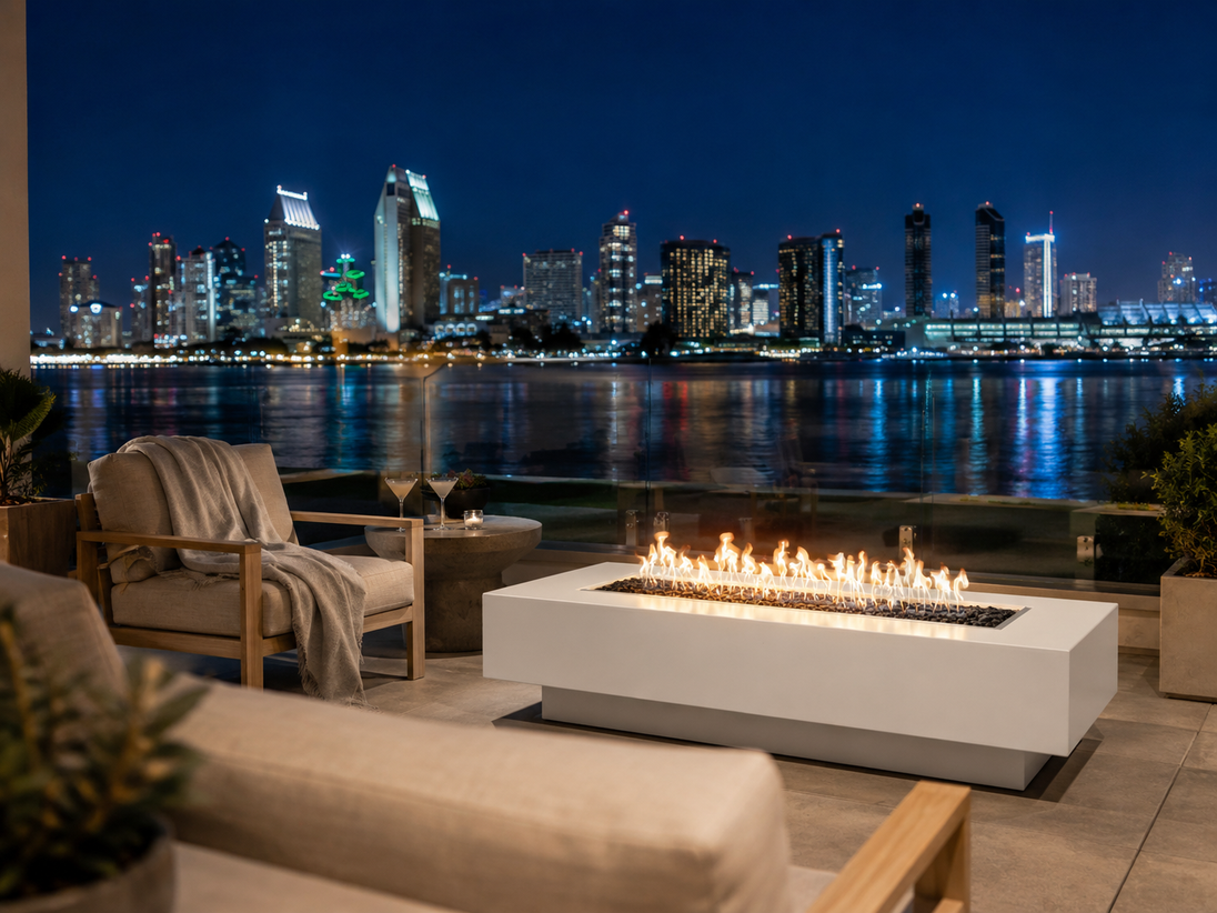 Coronado Fire Pit - White, San Diego Bay blue hour