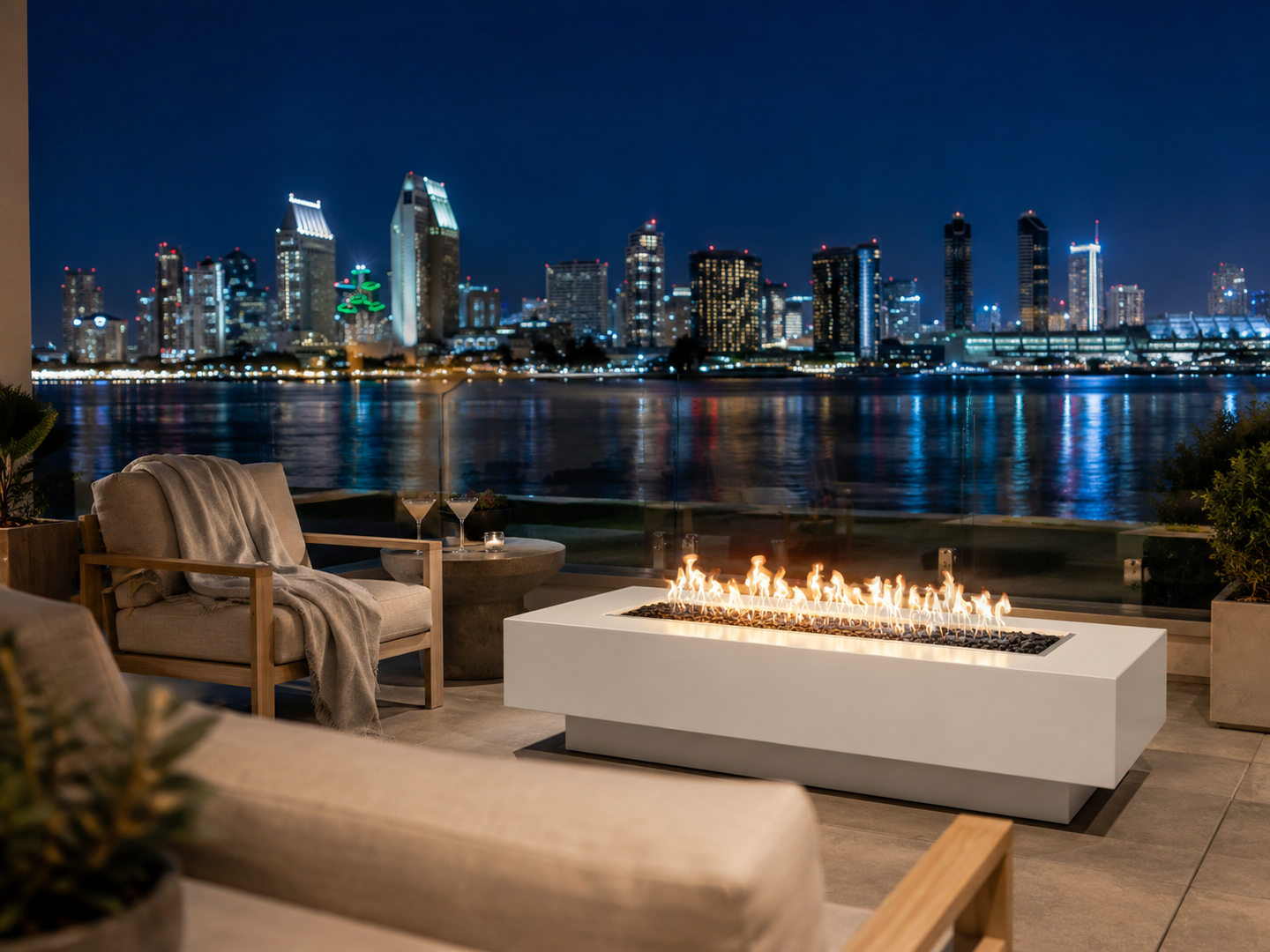 Coronado Fire Pit - White, San Diego Bay blue hour