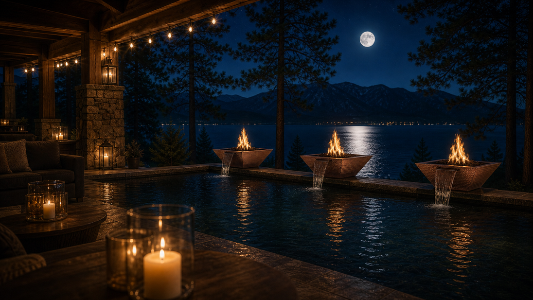 Maya Fire & Water Bowl in hammered copper — Lake Tahoe, three-bowl view