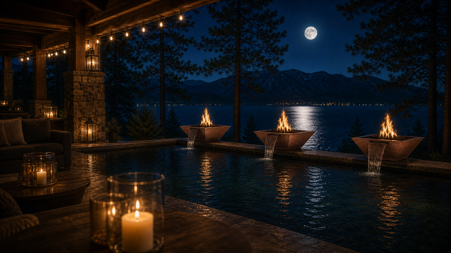 Maya Fire & Water Bowl in hammered copper — Lake Tahoe, three-bowl view