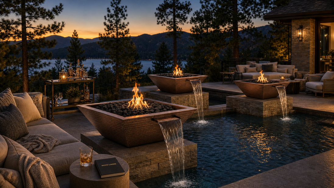 Maya Fire & Water Bowl in hammered copper — Big Bear, dusk