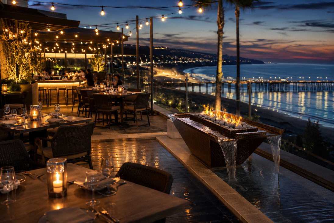 Nile Fire & Water Bowl in hammered copper — Redondo Beach restaurant terrace