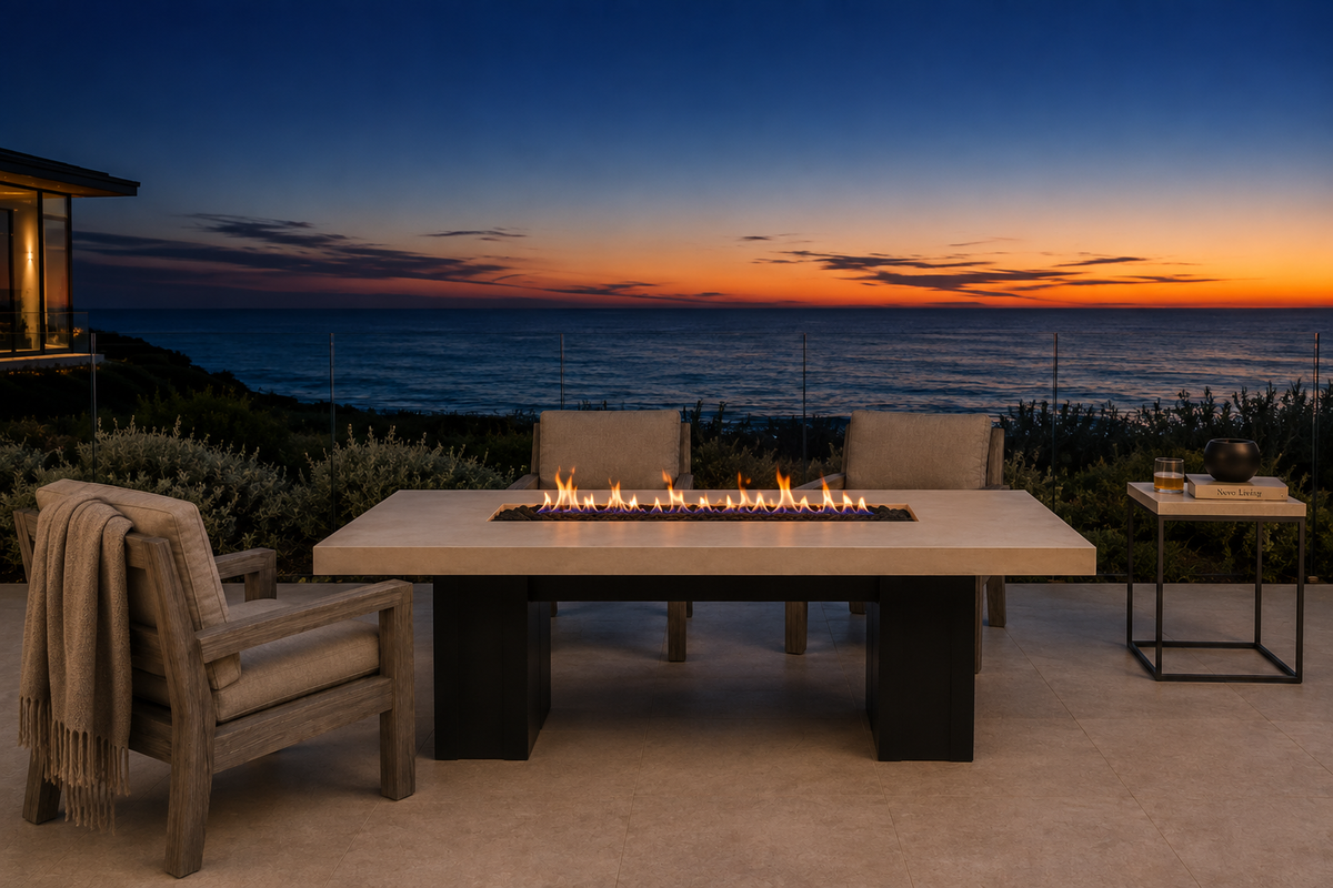 Alameda 60" Fire Table – White Limestone, front elevation, Malibu terrace at dusk.