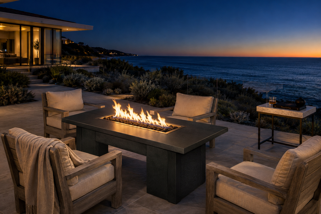 Alameda 60" Fire Table – Black Vein Powder Coat, Malibu terrace at dusk.