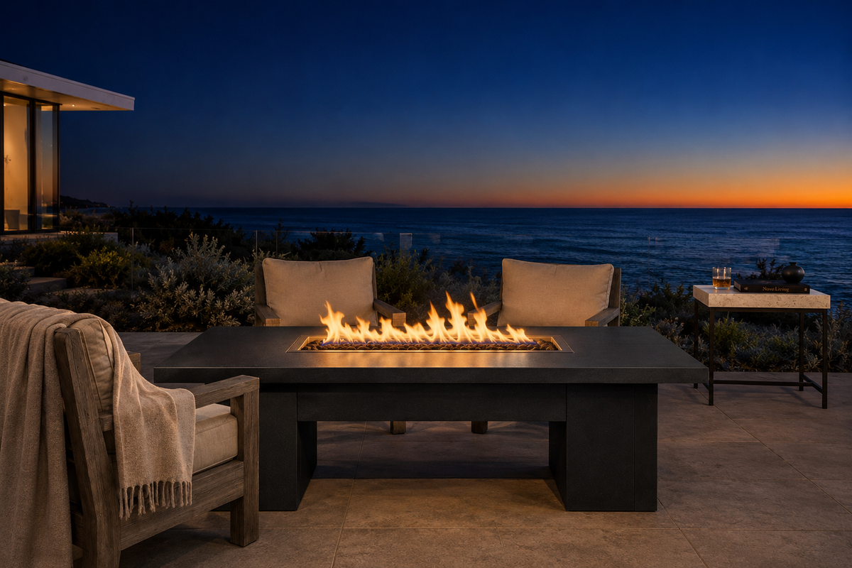 Alameda 60" Fire Table – Black Vein Powder Coat, front elevation, Malibu terrace at dusk.