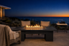 Alameda 60" Fire Table – Black Vein Powder Coat, front elevation, Malibu terrace at dusk.