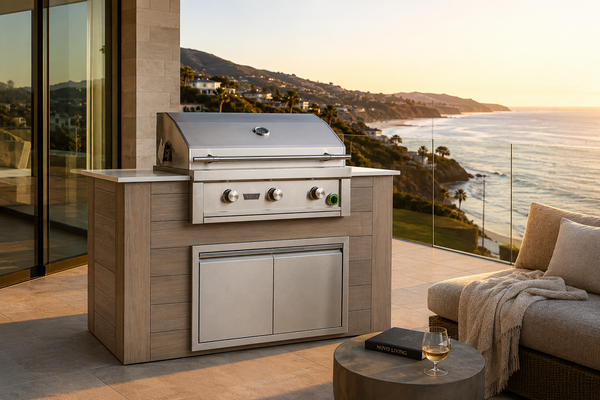 Pacific 60" BBQ Island - Weathered Oak, Laguna terrace sunset