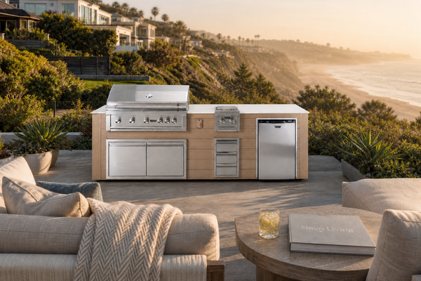 Pacific 112" BBQ Island - Weathered Oak, Del Mar terrace sunset