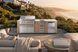 Pacific 112" BBQ Island - Weathered Oak, Del Mar terrace sunset