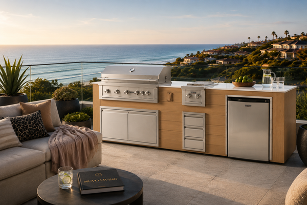 Pacific 112" BBQ Island - Weathered Oak, Del Mar terrace dusk