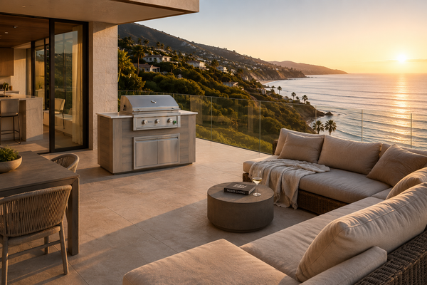 Pacific 60" BBQ Island - Weathered Oak, Laguna terrace dusk