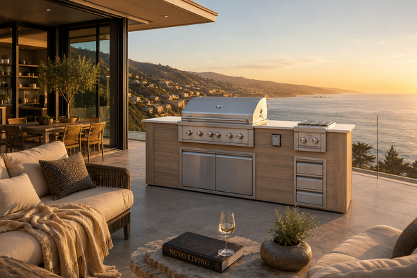 Pacific 96" BBQ Island - Weathered Oak, Malibu terrace golden hour
