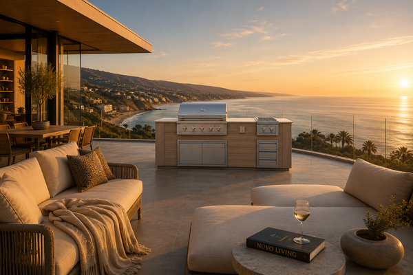 Pacific 96" BBQ Island - Weathered Oak, Malibu terrace sunset