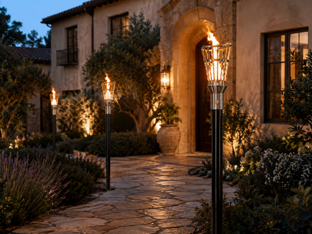 Roman Fire Torch — Montecito pathway at dusk