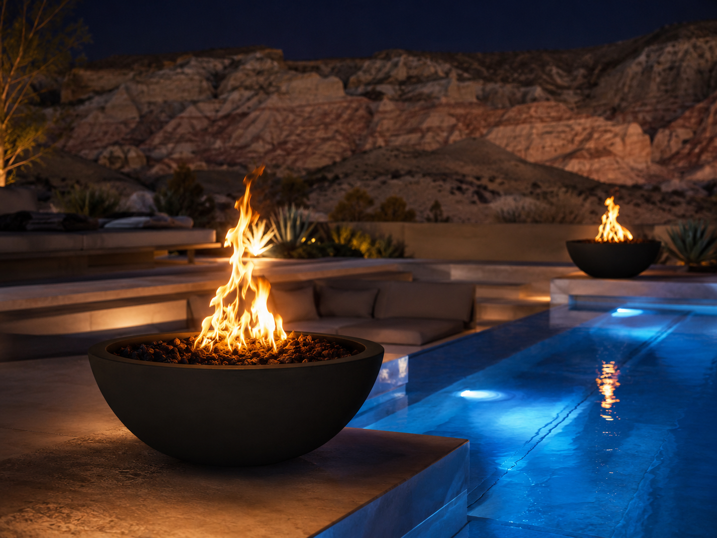 Sedona Fire Pit - Black, poolside two bowls night