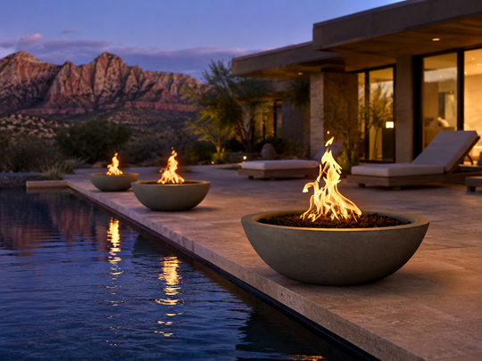 Sedona Fire Pit - Chestnut, poolside three bowls dusk