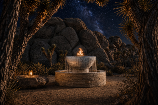 Sedona 60" Self-Contained Fire & Water Fountain - Joshua Tree, boulder and stone setting