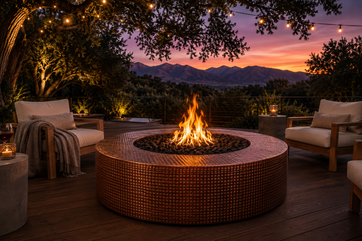 Nuvō Living Unity Fire Pit in Hammered Copper, lifestyle setting