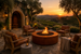 Nuvō Living Unity Fire Pit in Corten Steel with lit flame, lifestyle setting