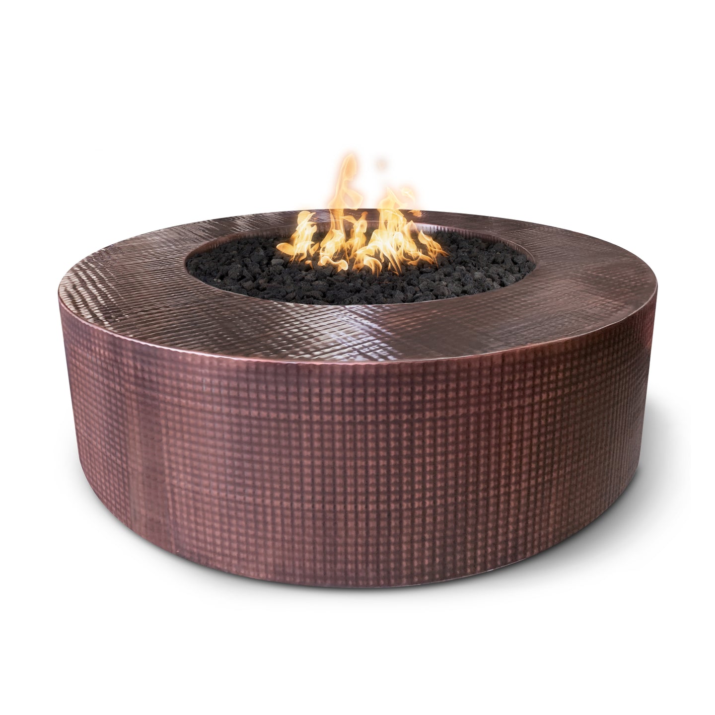 Unity Fire Pit in Hammered Copper with lit flame, front view