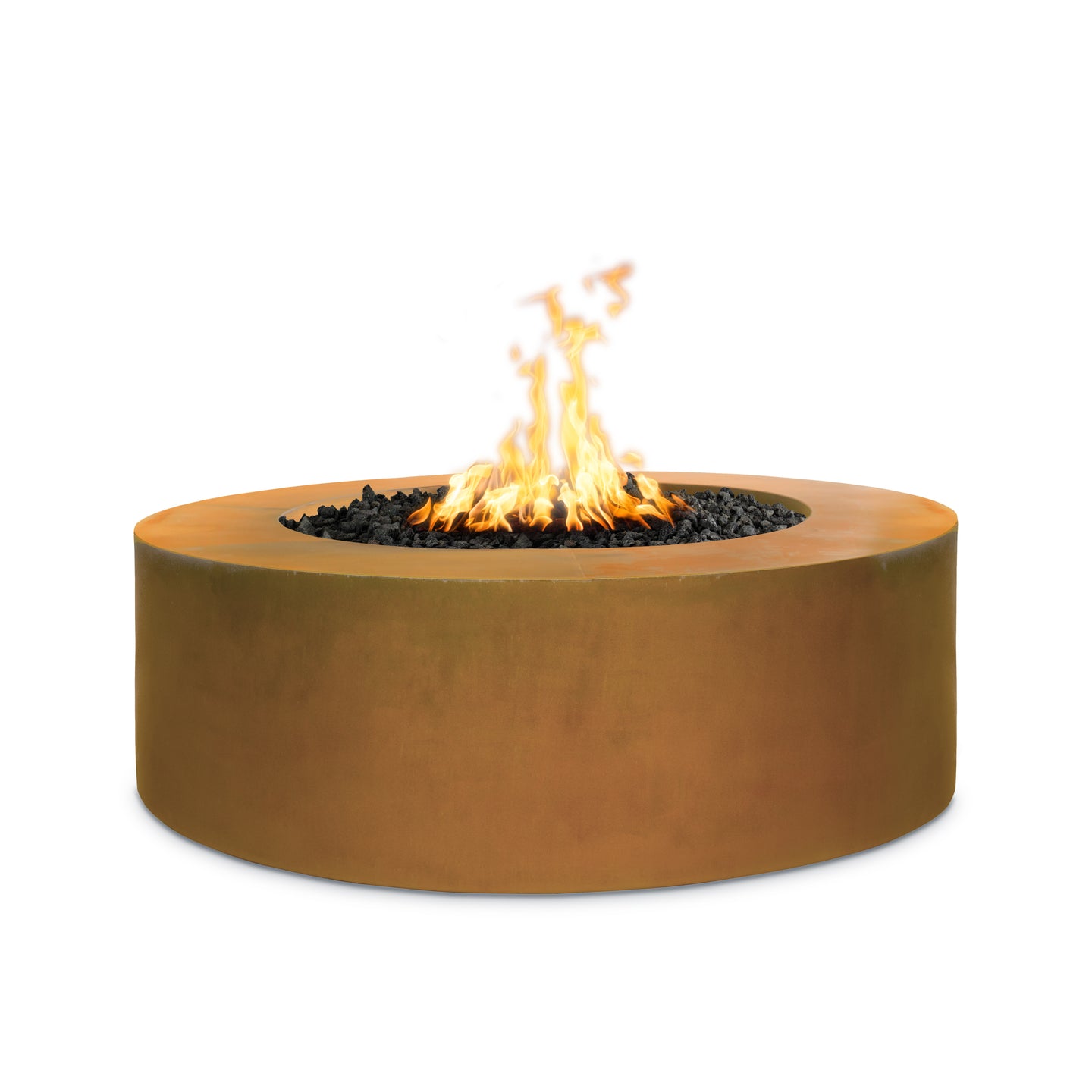 Unity Fire Pit in Corten Steel with lit flame, front view