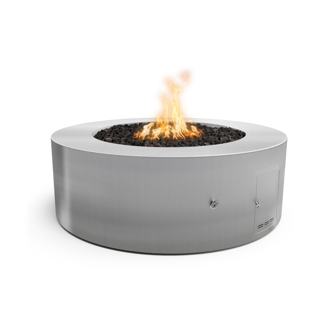 Unity Fire Pit in Stainless Steel with lit flame, front view