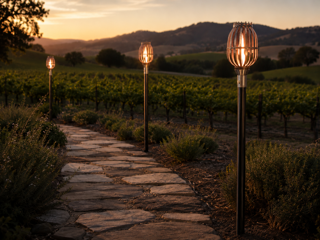 Urn Fire Torch — Napa pathway at dusk