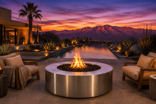 Nuvō Living Unity Fire Pit in Stainless Steel, lifestyle setting